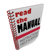 A spiral bound user manual printed in color